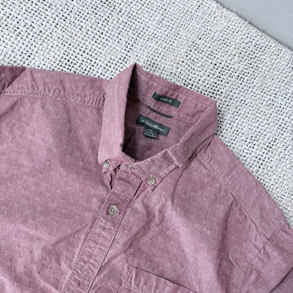 Eddie Bauer Mens Tall TL Classic Fit Short Sleeve Cotton Shirt Burgundy Print